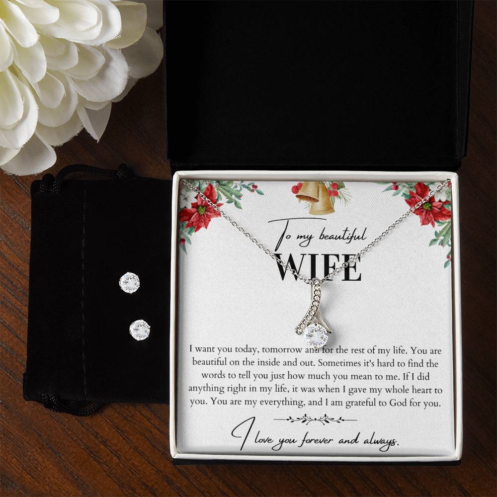 To My Beautiful Wife Alluring Beauty Necklace & Earring Set - Husband To Wife Gift - Message Card