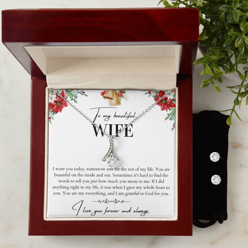 To My Beautiful Wife Alluring Beauty Necklace & Earring Set - Husband To Wife Gift - Message Card