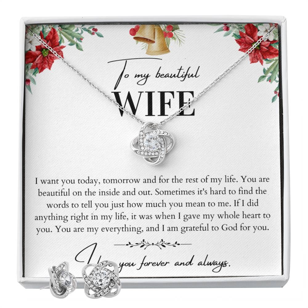 To My Beautiful Wife Love Knot Necklace and Earrings Set - Husband To Wife Gift - Message Card