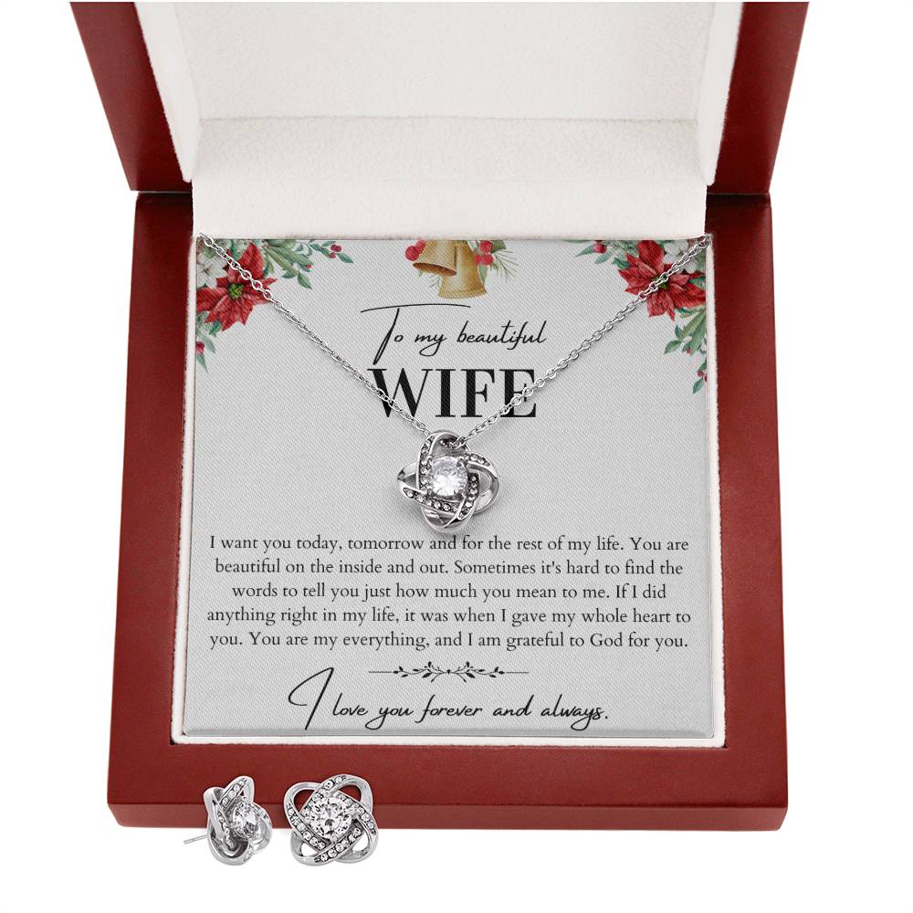 To My Beautiful Wife Love Knot Necklace and Earrings Set - Husband To Wife Gift - Message Card