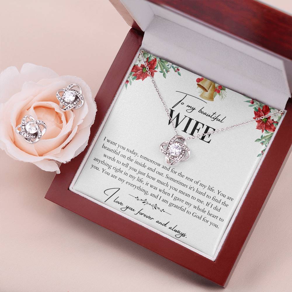 To My Beautiful Wife Love Knot Necklace and Earrings Set - Husband To Wife Gift - Message Card