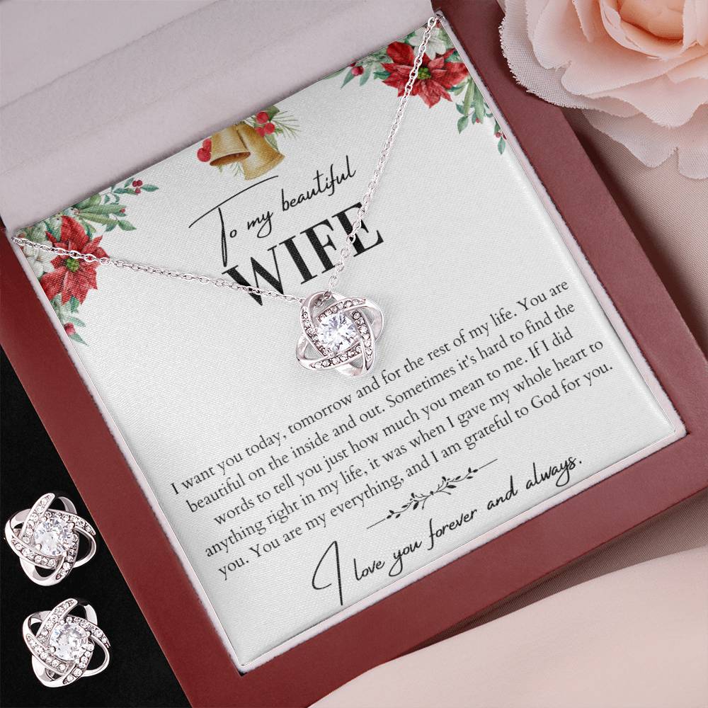 To My Beautiful Wife Love Knot Necklace and Earrings Set - Husband To Wife Gift - Message Card