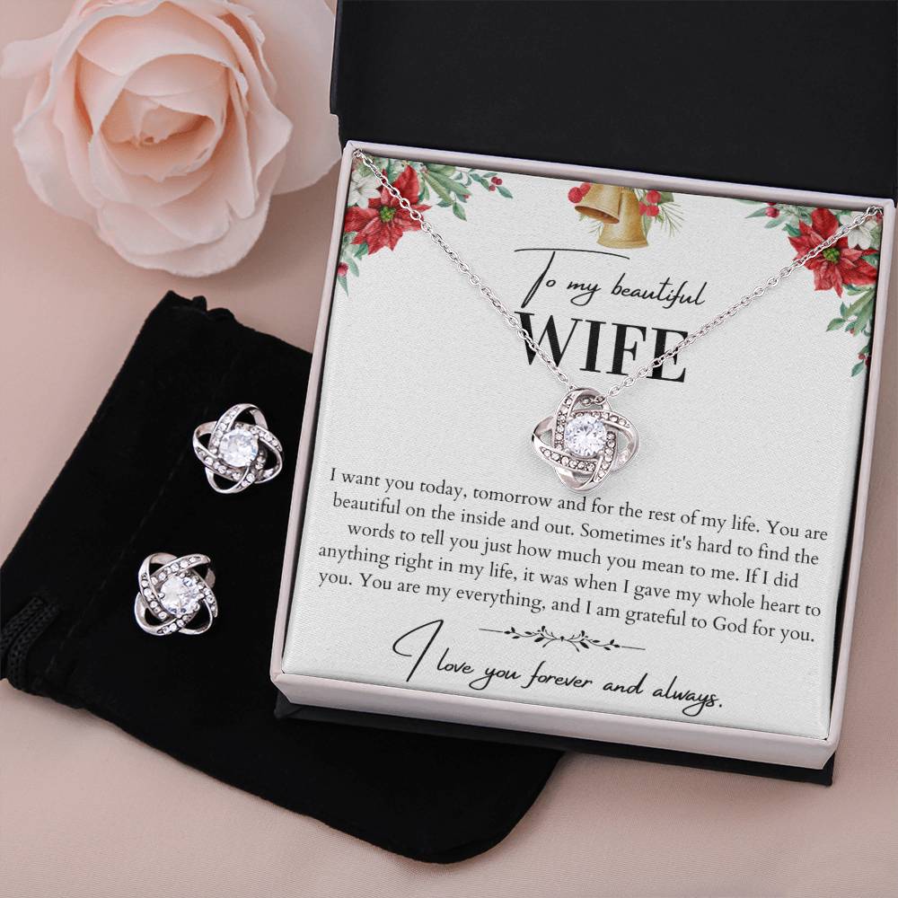 To My Beautiful Wife Love Knot Necklace and Earrings Set - Husband To Wife Gift - Message Card