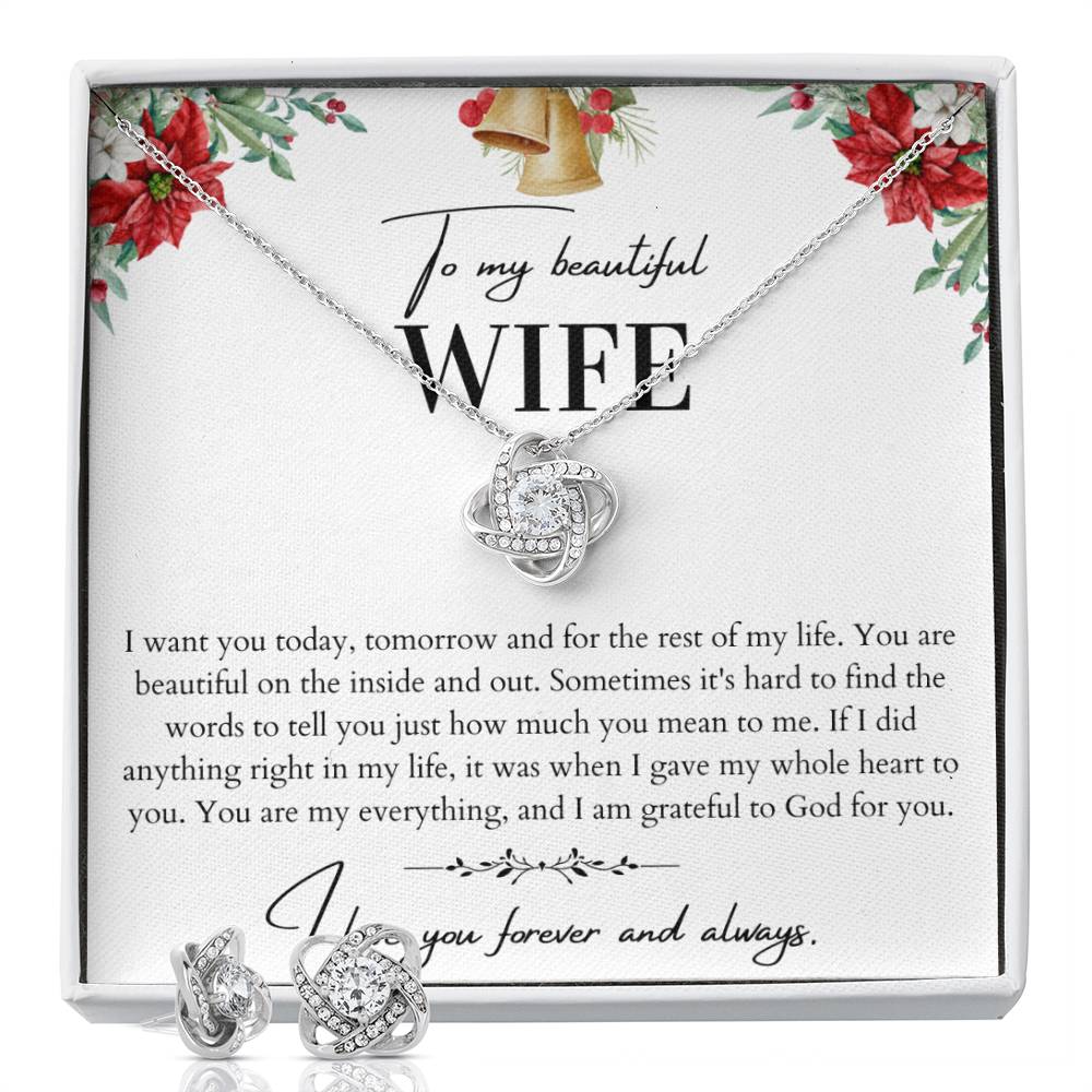 To My Beautiful Wife Love Knot Necklace and Earrings Set - Husband To Wife Gift - Message Card