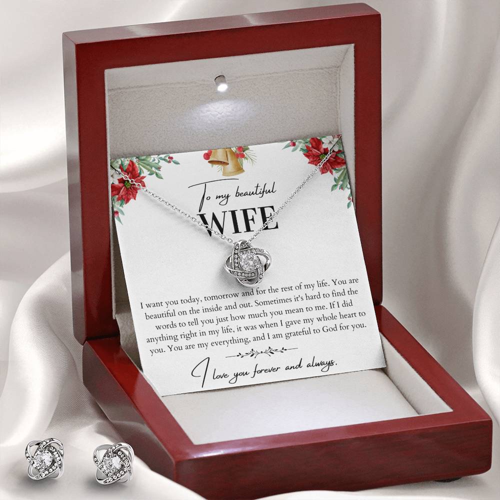 To My Beautiful Wife Love Knot Necklace and Earrings Set - Husband To Wife Gift - Message Card